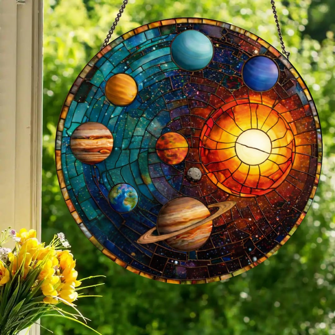 太陽系：本物のガラスを使用したステンドグラス風の窓飾り - Etsy 日本