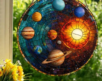 The Solar System: Stained Glass Style Window Hanging Made With Real Glass