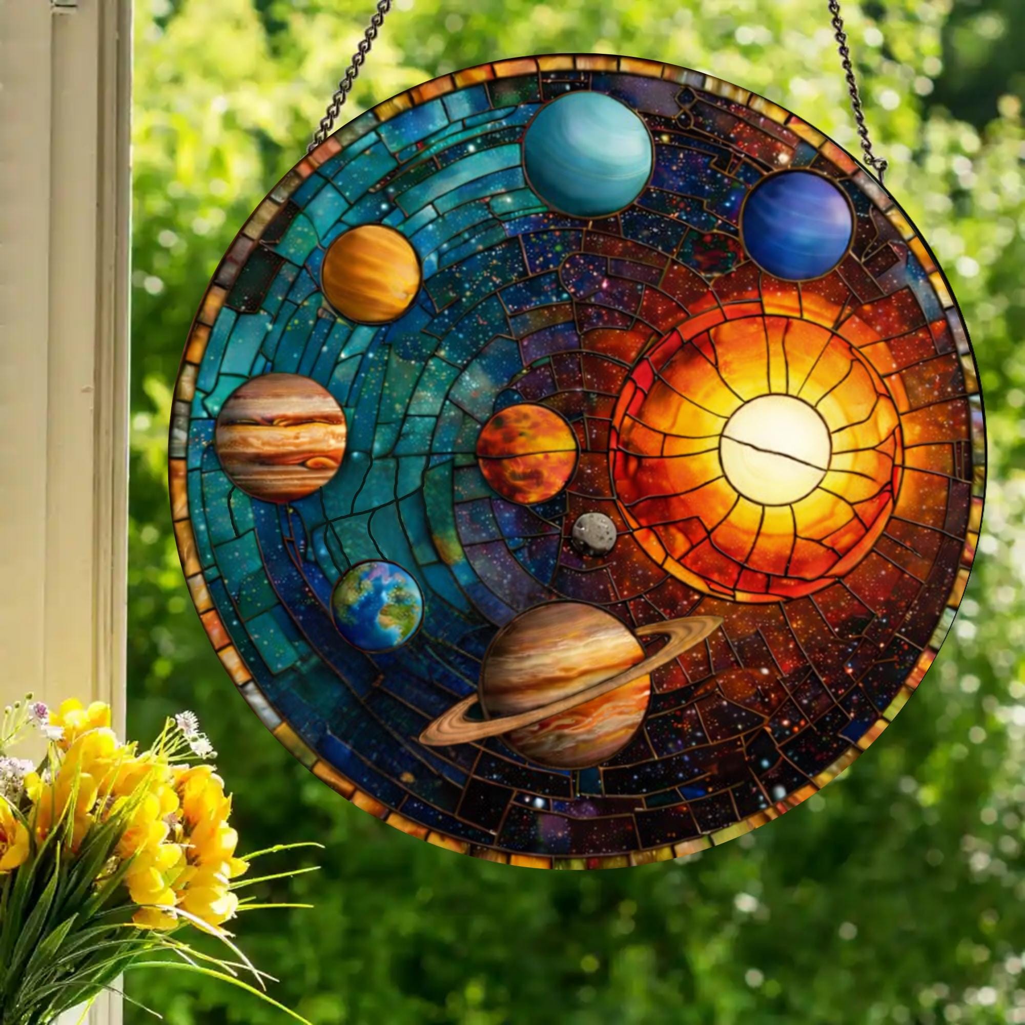 太陽系：本物のガラスを使用したステンドグラス風の窓飾り - Etsy 日本