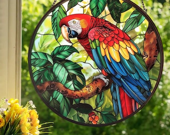 Scarlet Macaw: Stained Glass Style Wall or Window Hanging