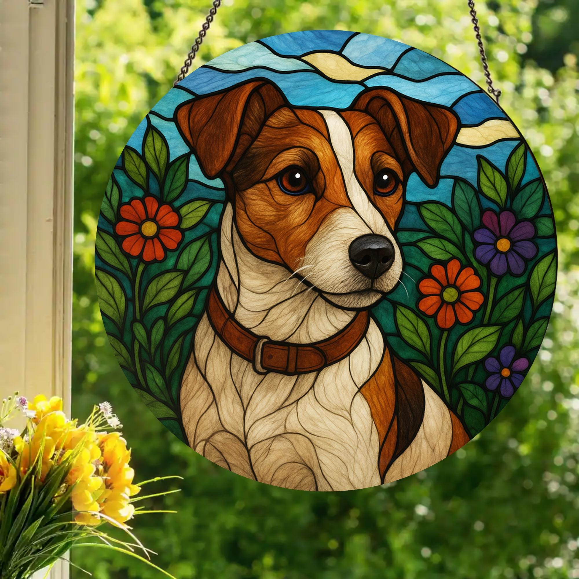 Jack Russell Terrier: Stained Glass Style Window Hanging Made With