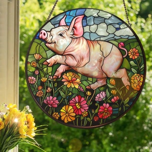 Happy Piglet: Stained Glass Style Wall or Window Hanging