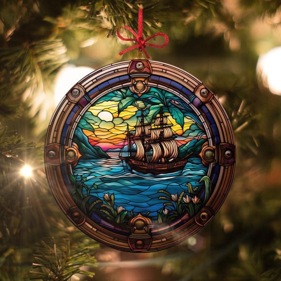 ステンドグラス風クリスマス置物 海賊船：ステンドグラス風クリスマスオーナメント - 本物のガラスを