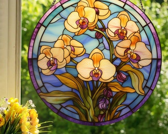 Yellow Orchids: Stained Glass Style Wall or Window Hanging Made With Real Glass