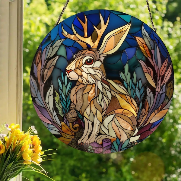 Jackalope: Stained Glass Style Window Hanging