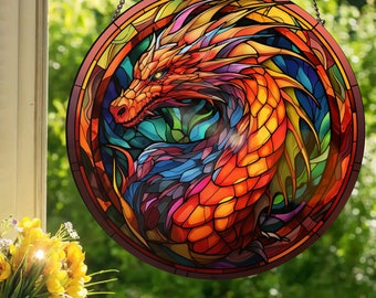 Rainbow Dragon: Stained Glass Style Wall or Window Hanging