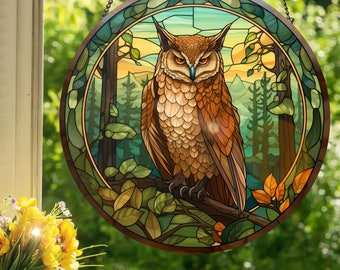 Forest Owl: Stained Glass Style Wall or Window Hanging