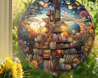 Galactic Fantasy Library: Stained Glass Style Wall or Window Hanging Made With Real Glass