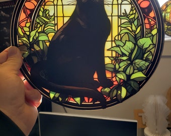 温室の黒猫：ステンドグラス風の窓飾り - Etsy 日本