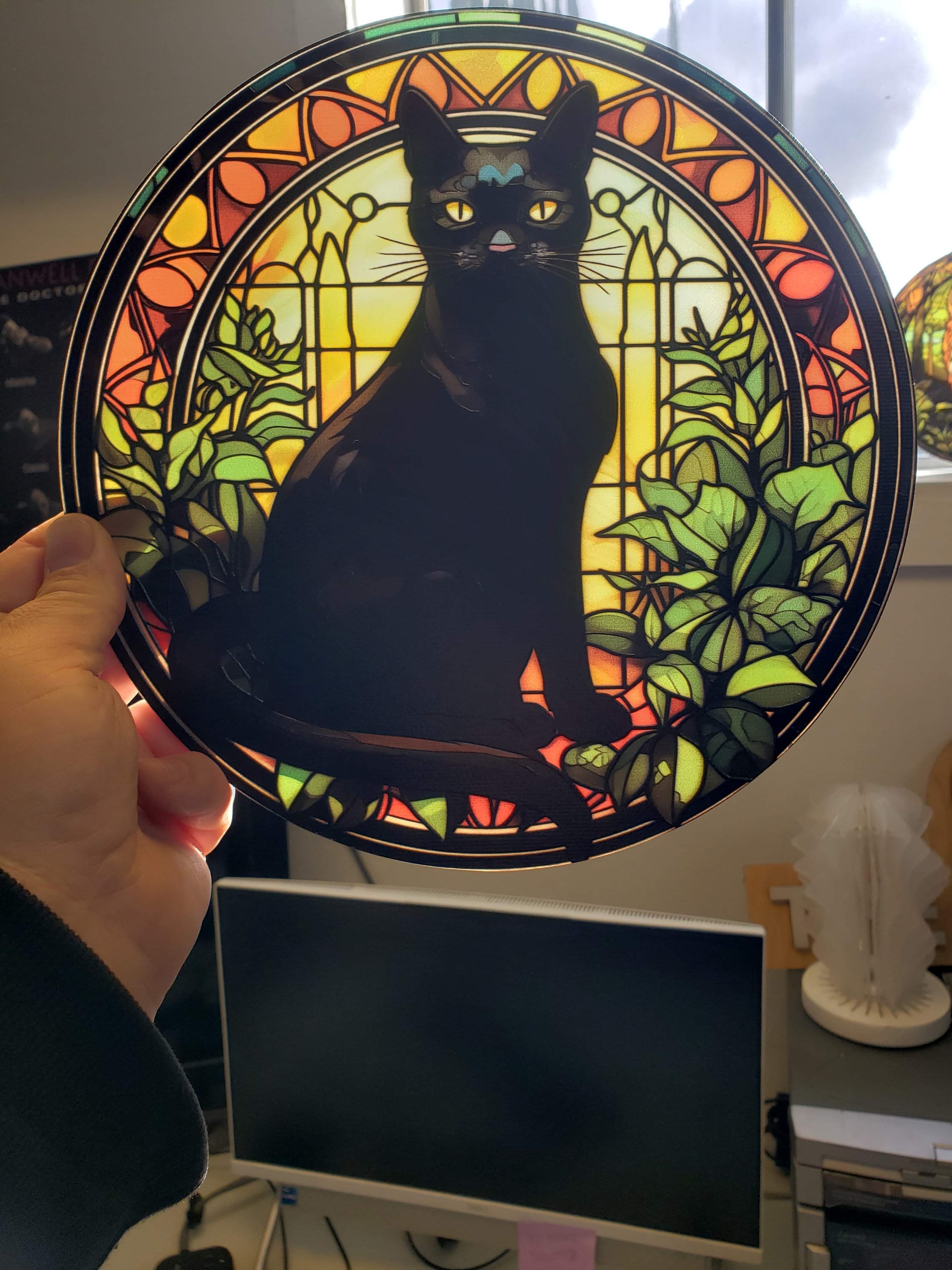 温室の黒猫：ステンドグラス風の窓掛け - Etsy 日本