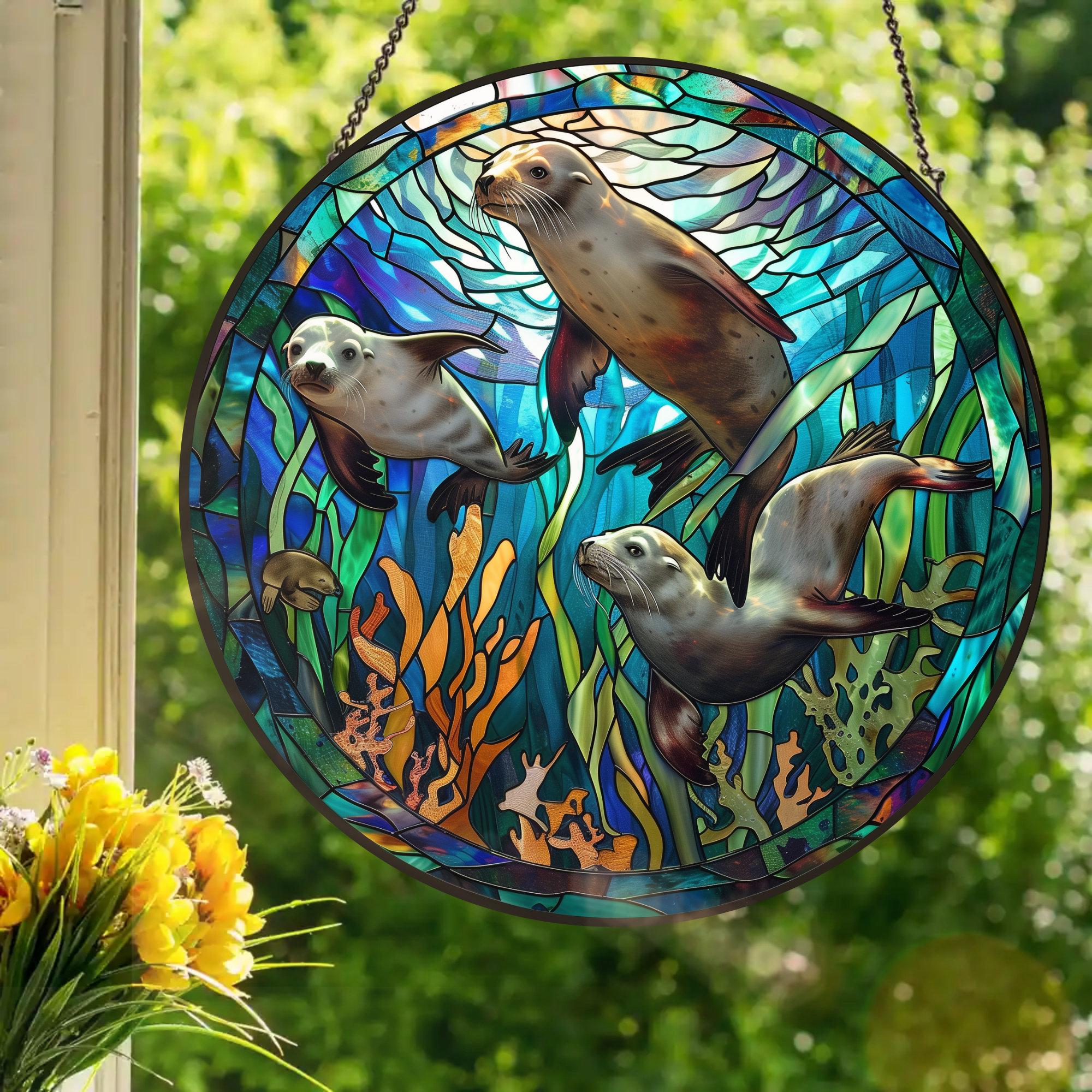 Kelp Forest Sea Lions: Stained Glass Style Window Hanging Made