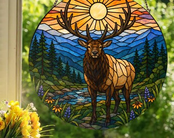 Mountain Elk: Stained Glass Style Window Hanging