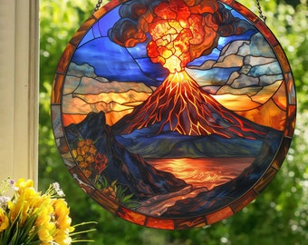 ☆特大ステンドグラス風　鏡☆ 噴火する火山：ステンドグラス風の窓掛け - Etsy 日本