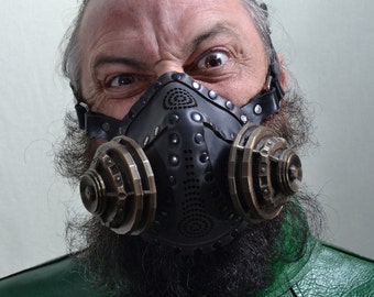 Excursionist III: Steam Punk Respirator Mask in Black Leather with Copper Cannisters