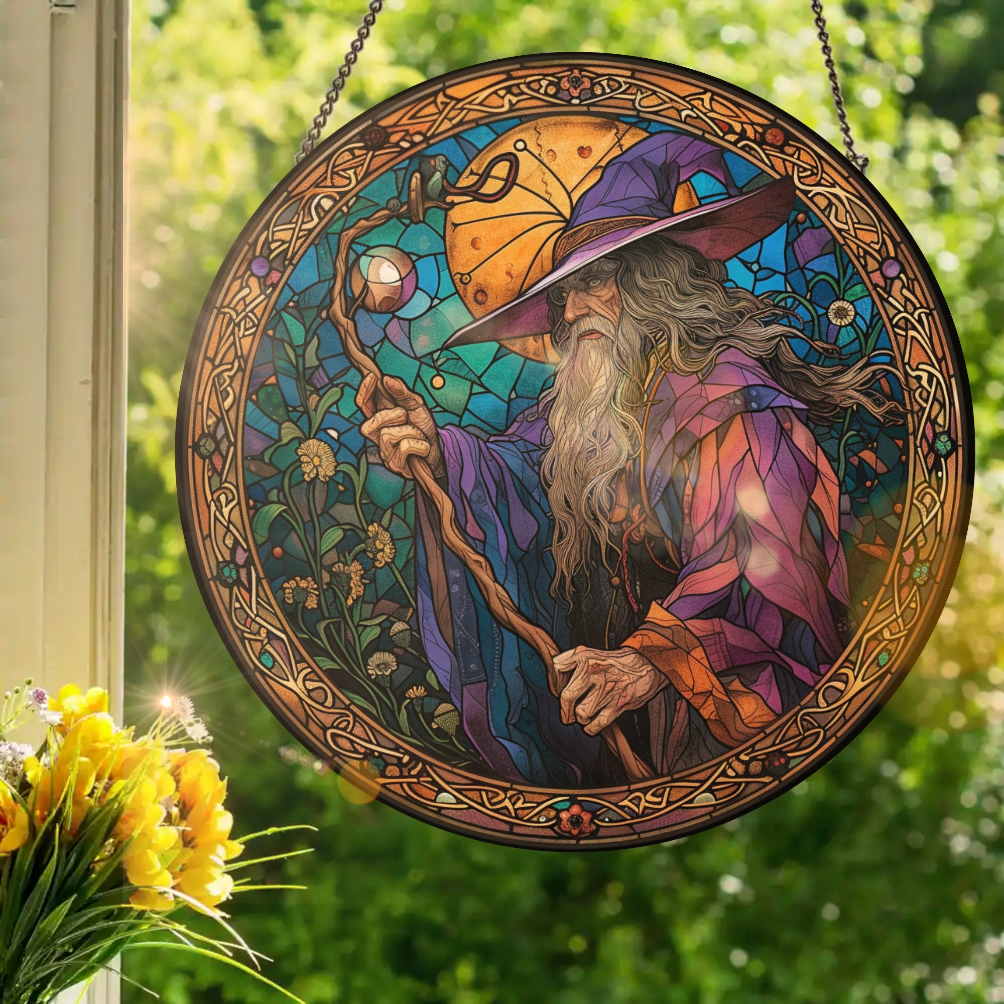 Wizard With Full Moon: Stained Glass Style Window Hanging Made
