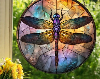 Purple Dragonfly: Stained Glass Style Wall or Window Hanging