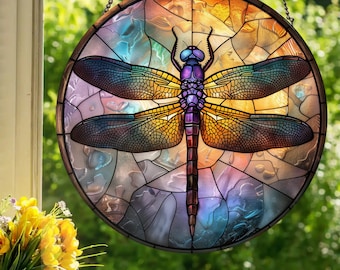 Purple Dragonfly: Stained Glass Style Wall or Window Hanging