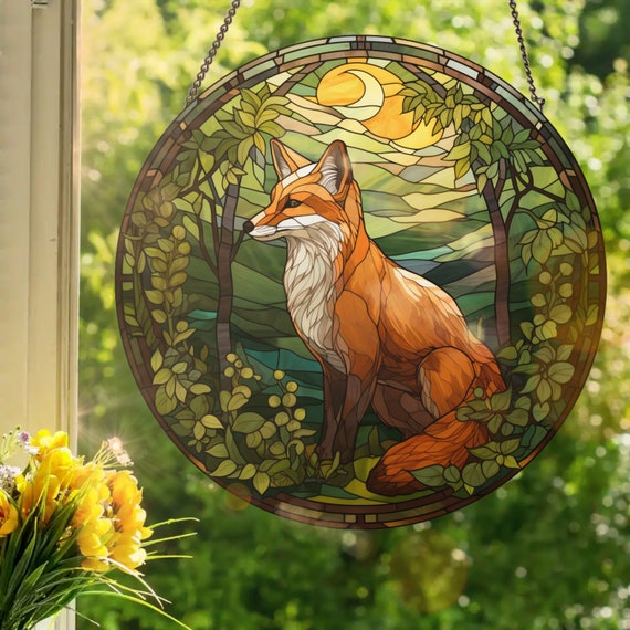 森のキツネ #2: ステンドグラス風の窓飾り - Etsy 日本