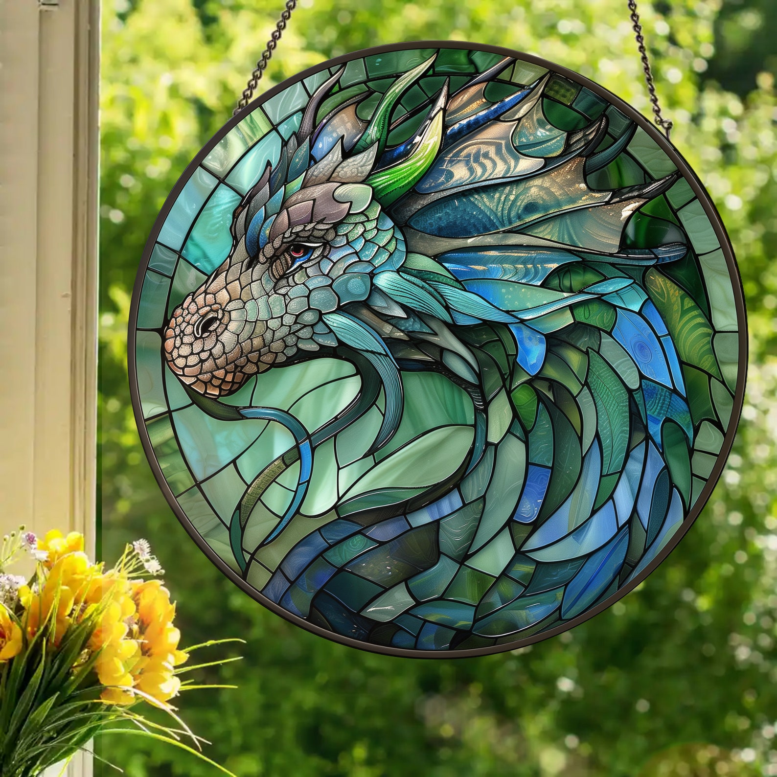 A blue and green scaled, intricate stained glass piece hangs in a circular frame in front of a window.