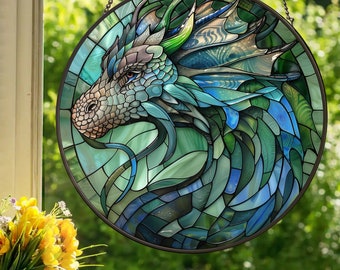 Blue Green Dragon: Stained Glass Style Wall or Window Hanging