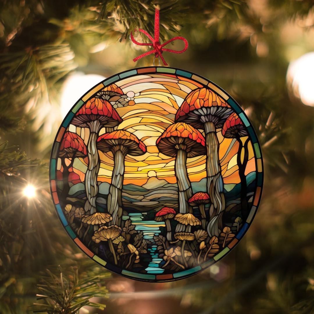 Mushroom Forest: Stained Glass-Style Christmas Ornament - Made With Real Glass