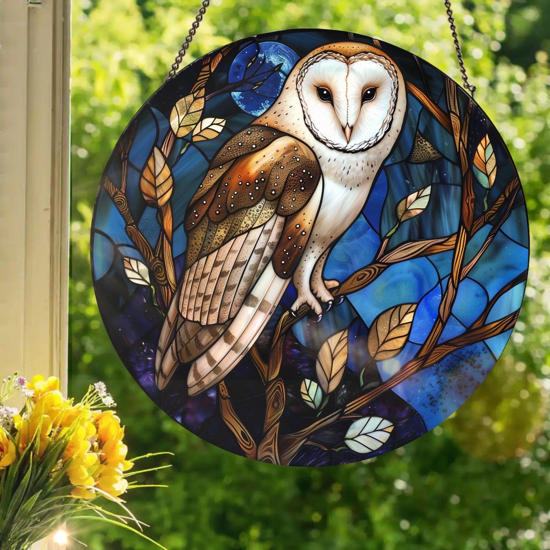 Barn Owl Stained Glass Style Window Hanging Etsy