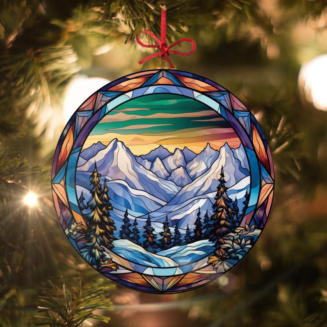 Snowy Alpine Mountain Range: Stained Glass-style Christmas Ornament