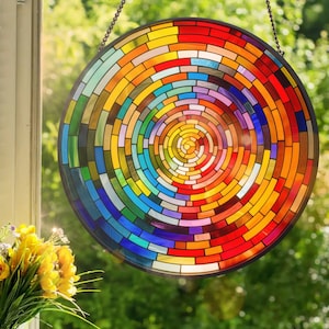 Rainbow Spiral: Stained Glass Style Wall or Window Hanging Made With Real Glass