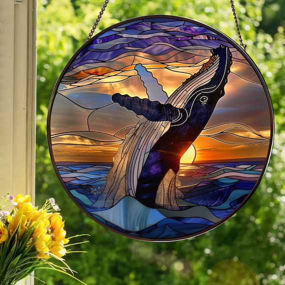ワタリガラス　カナダ　アート　フレーム Breaching Humpback Whale: Stained Glass Style Window Hanging - Etsy