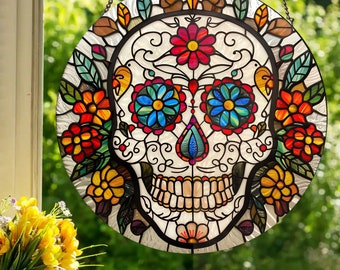 Sugar Skull With Leaves: Stained Glass Style Wall or Window Hanging