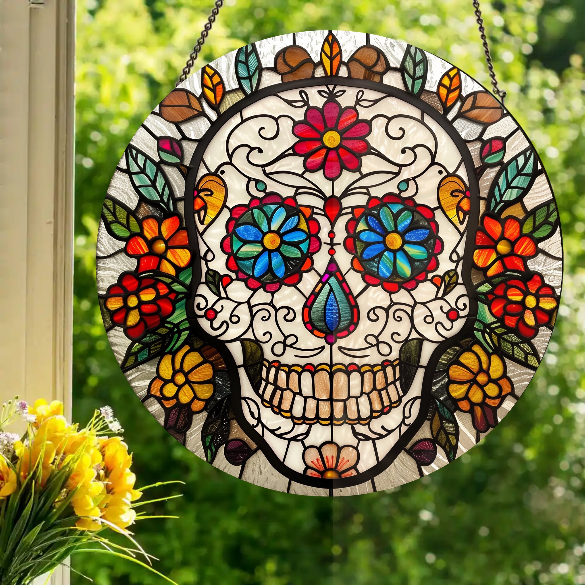 Sugar Skull With Leaves: Stained Glass Style Window Hanging - Etsy
