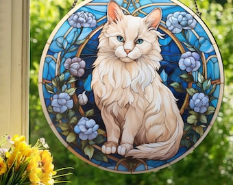 White Cat: Stained Glass Style Wall or Window Hanging Made With Real Glass