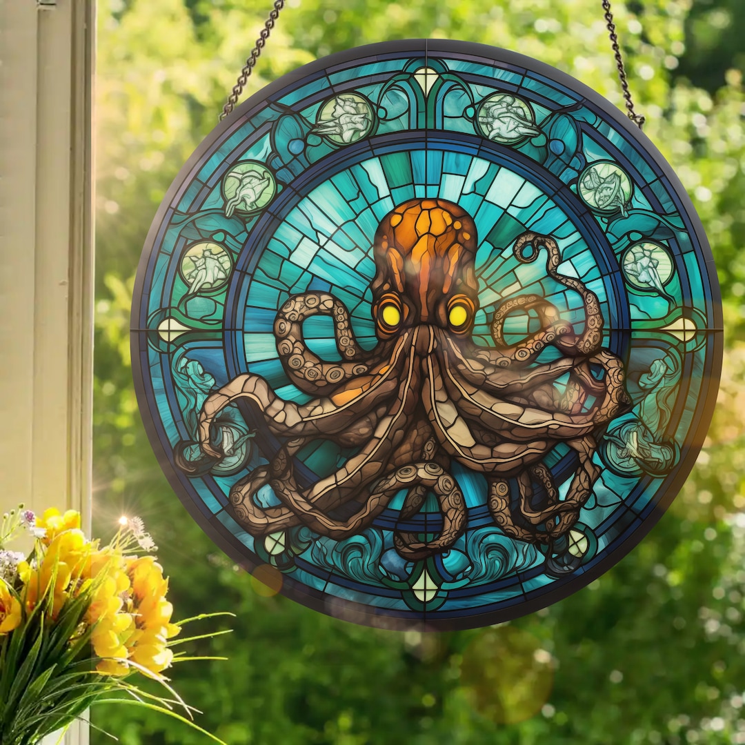 Octopus: Stained Glass Style Window Hanging Made With Real Glass
