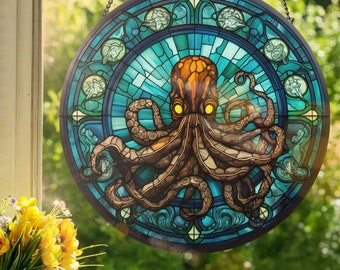 タコ：本物のガラスを使用したステンドグラス風の窓掛け - Etsy 日本