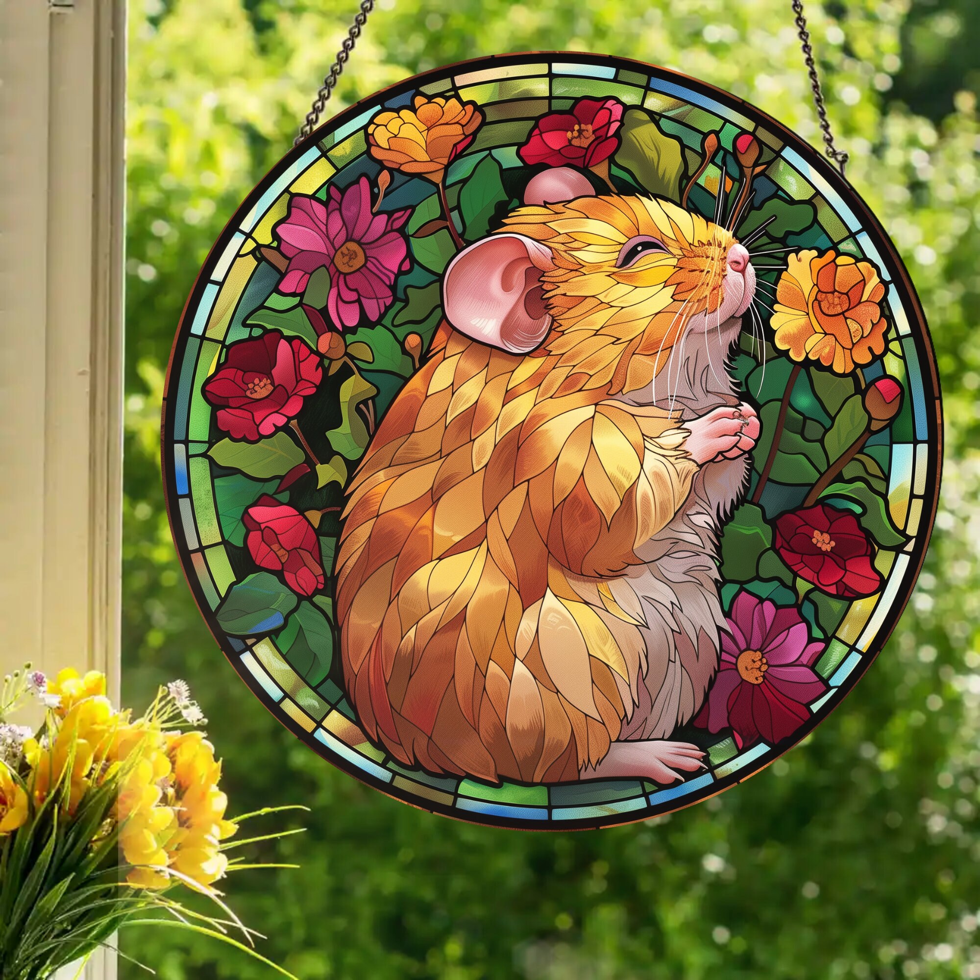 恍惚のゴールデンハムスター：本物のガラスで作ったステンドグラス風の