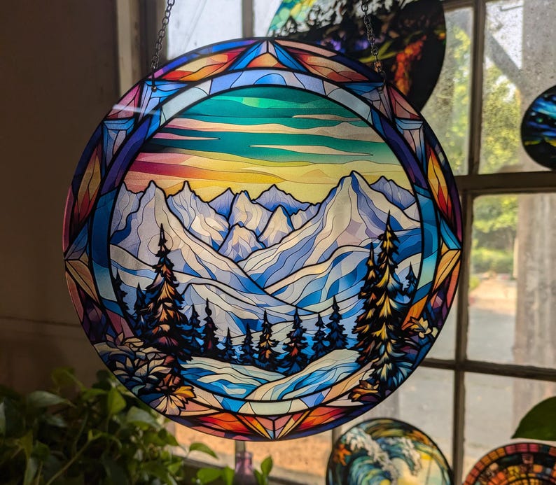 Snowy Alpine Mountain Range: Stained Glass Style Window Hanging - Etsy