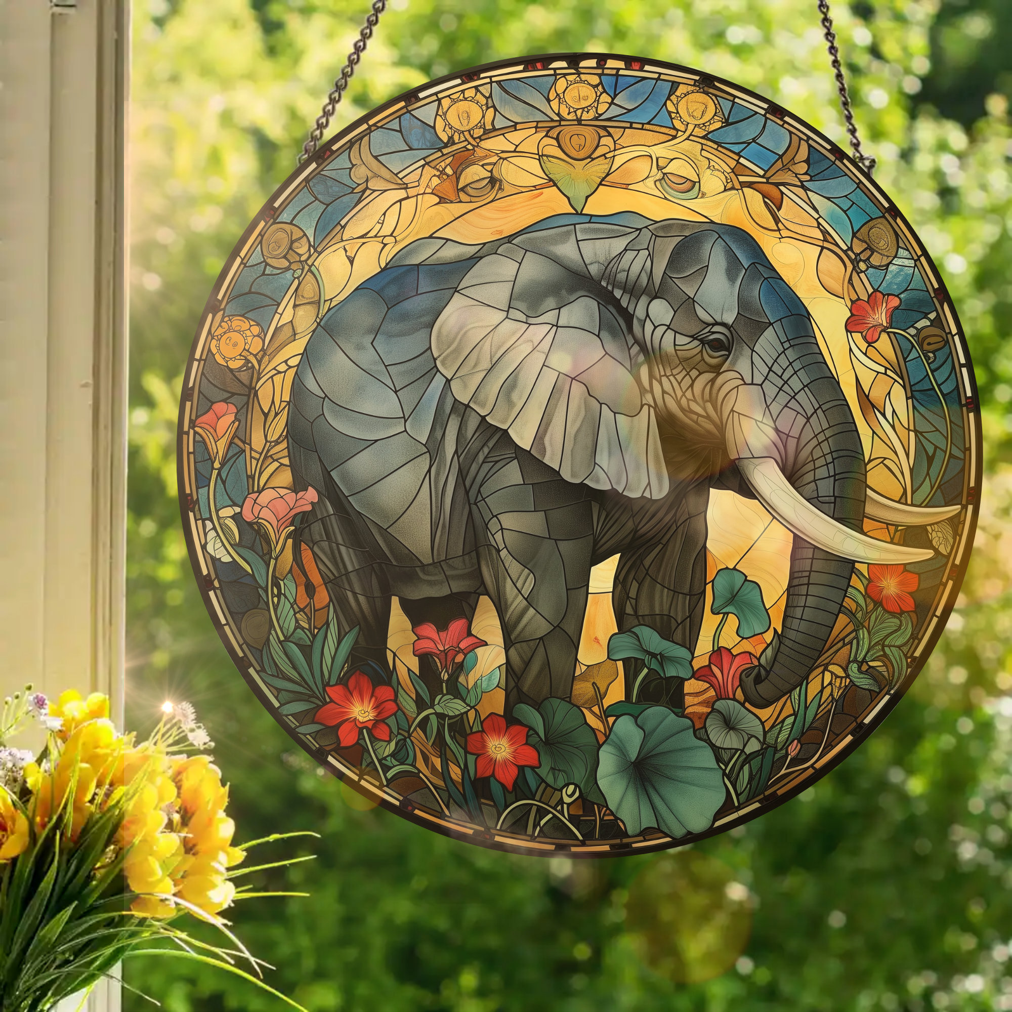 Art Nouveau Elephant With Red Flowers: Stained Glass Style Window
