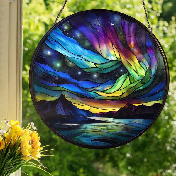 Aurora Borealis - Northern Lights: Stained Glass Style Wall or Window Hanging