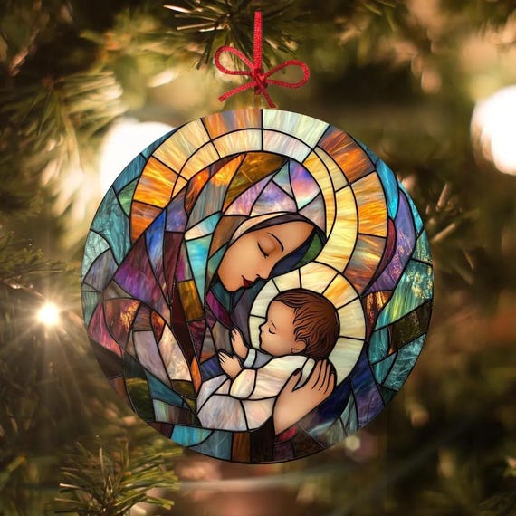 聖母マリアとイエスの聖像：ステンドグラス風クリスマスオーナメント
