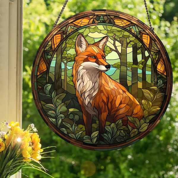 Forest Fox #4: Stained Glass Style Window Hanging