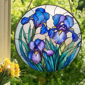 Blue Iris: Stained Glass Style Wall or Window Hanging