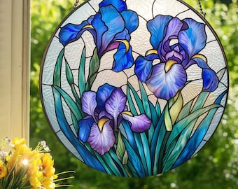 Blue Iris: Stained Glass Style Wall or Window Hanging