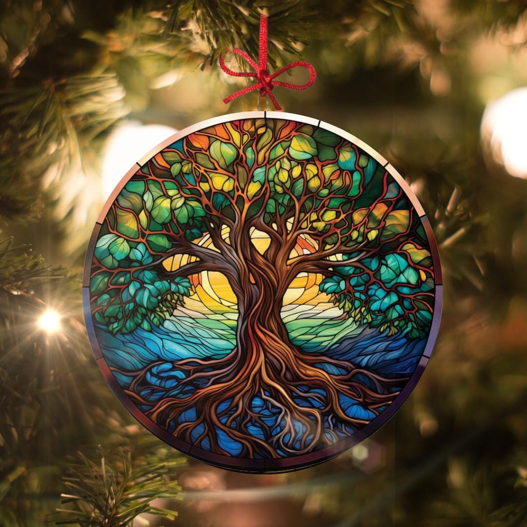 生命の樹：ステンドグラス風クリスマスオーナメント - 本物のガラスを