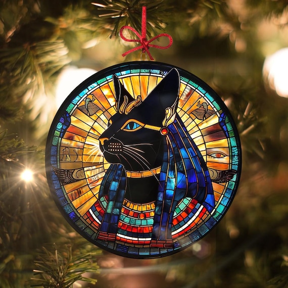 バステト：ステンドグラス風クリスマスオーナメント - 本物のガラスを