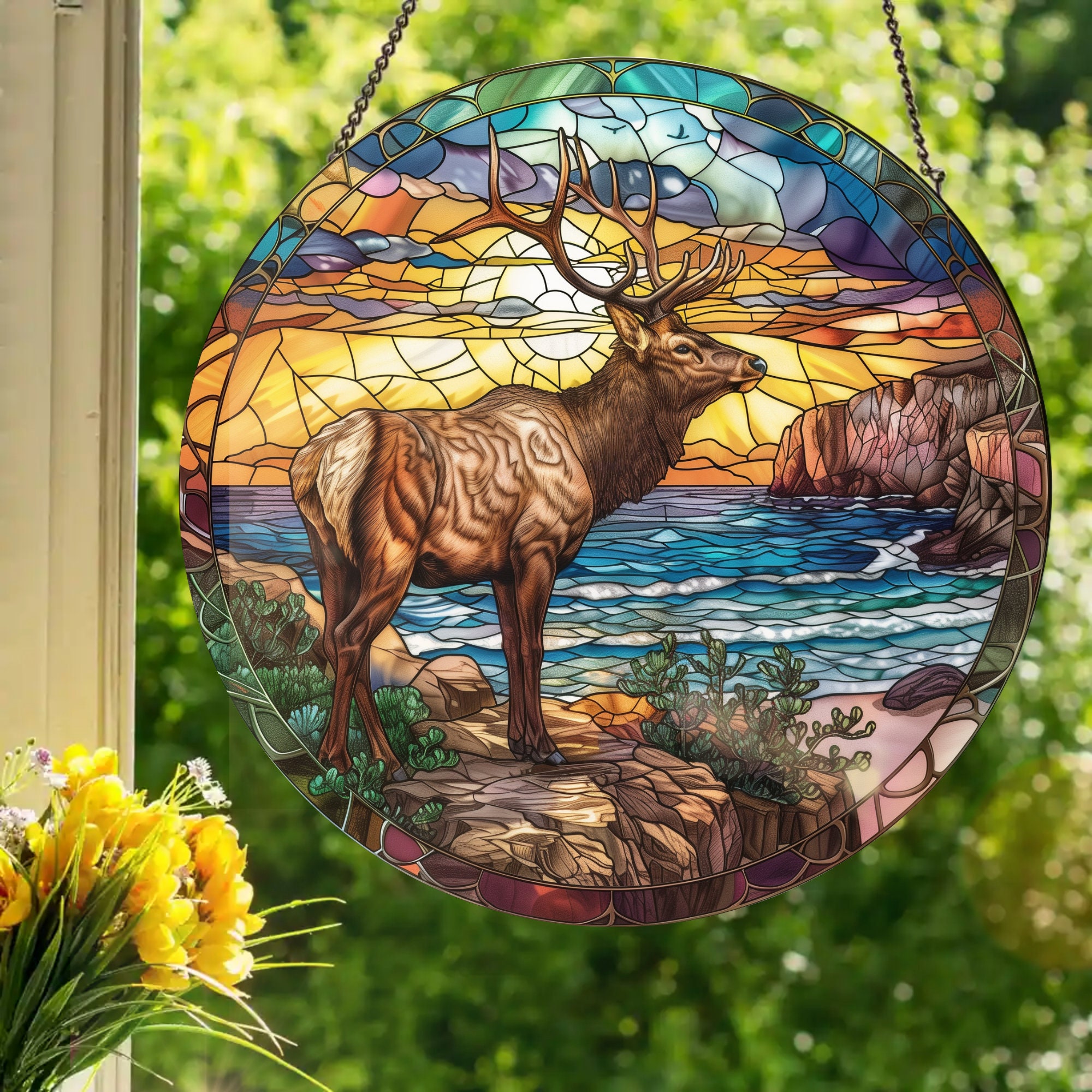 Coastal Elk: Stained Glass Style Window Hanging - Etsy