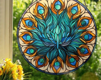 Peacock Feather Mandala: Stained Glass Style Wall or Window Hanging Made With Real Glass