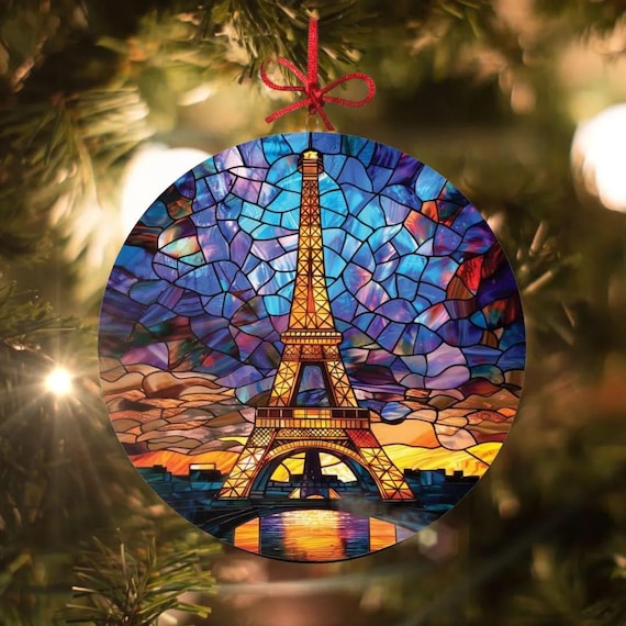 AMERICANEXPRESS ガラスオブジェ Eiffel Tower - Paris, France: Stained Glass-style Christmas