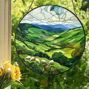 Green Irish Hills: Stained Glass Style Wall or Window Hanging