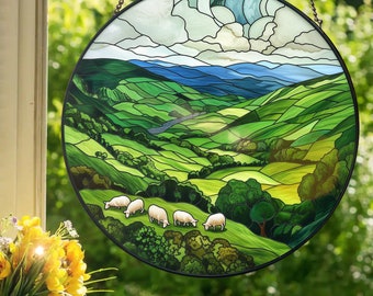 Green Irish Hills: Stained Glass Style Window Hanging