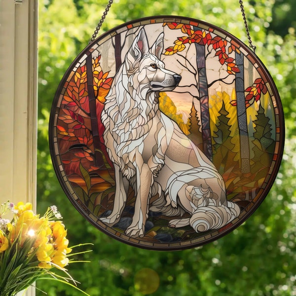 White German Shepherd: Stained Glass Style Wall or Window Hanging